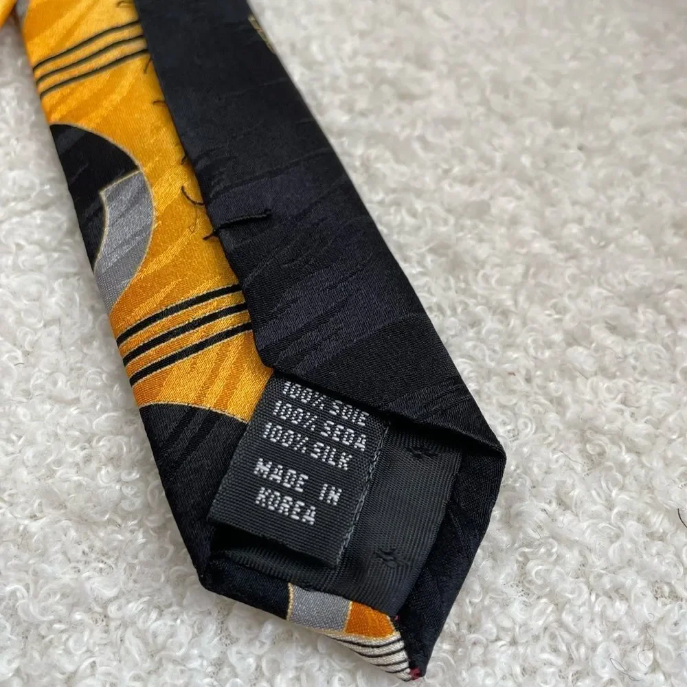 Vintage Mod Retro Silk Handmade in Korea Tie Black Gold Yellow